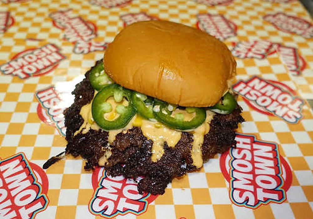 Smosh Town Wagyu smash burger with jalapenos